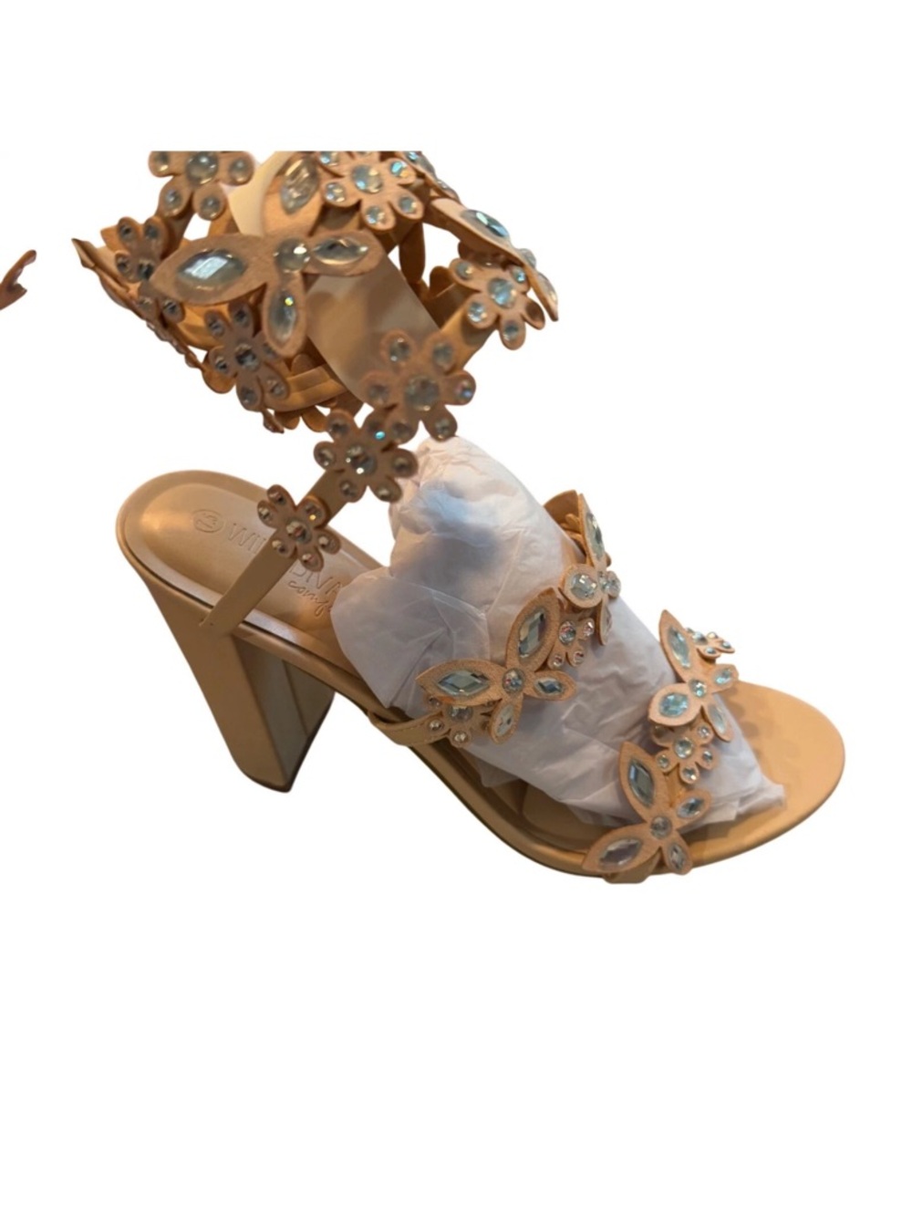 Embellished Beige Floral Strap High Heel Sandals